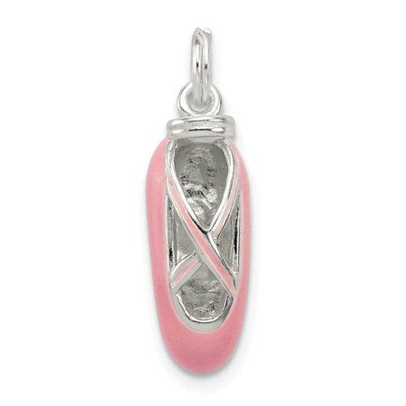 925 Sterling Silver Polished Pink Enamel Ballet Slipper Necklace Charm Pendant - Picture 5 of 5